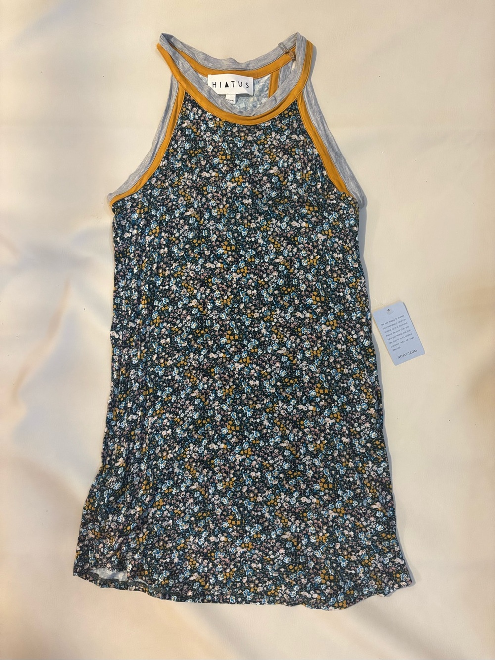 Hiatus Navy Floral Ringer Tank Dress with Mustard Trim